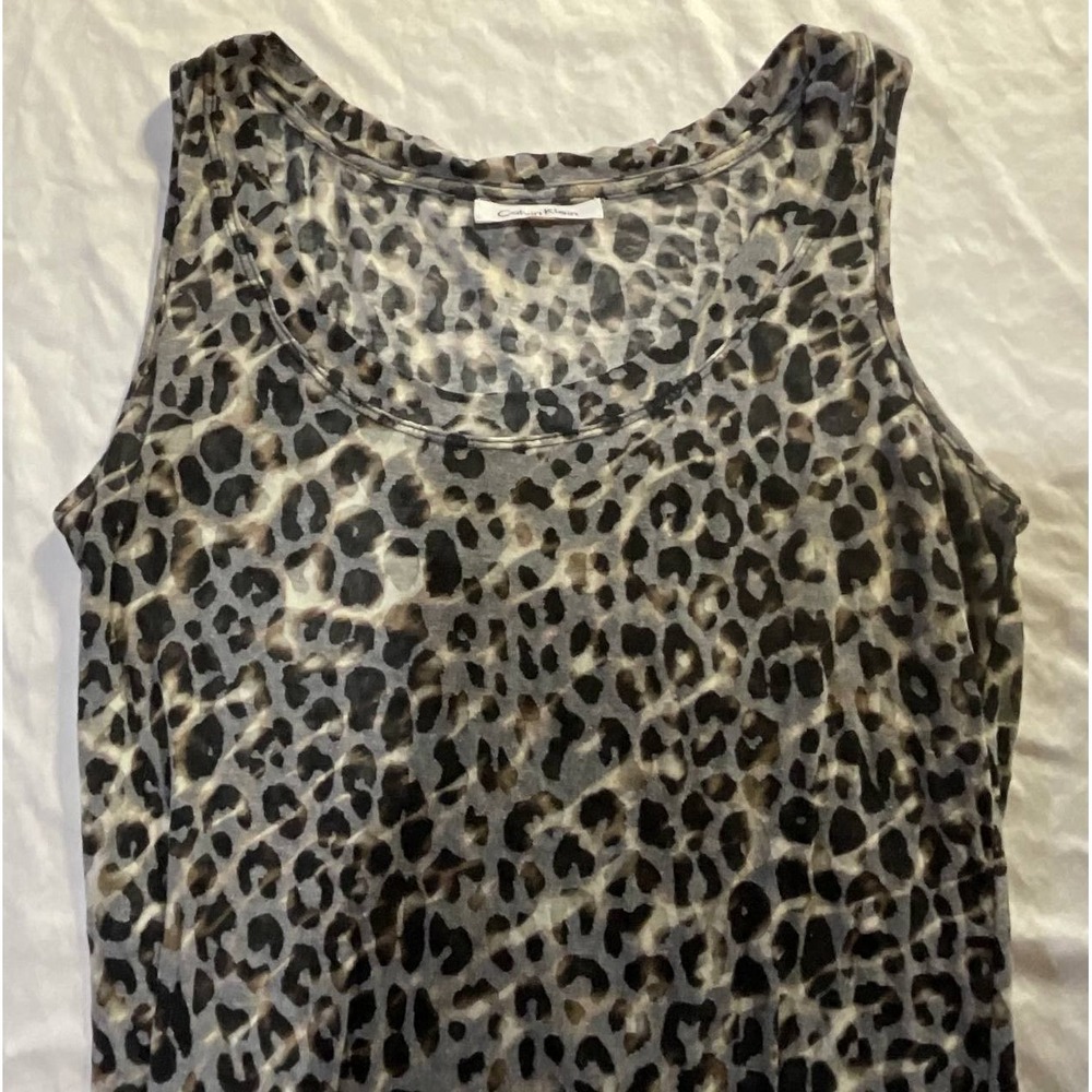 Calvin Klein Leopard Print Tank Top Womens Small Gray Scoop‎ Neck Sleeveless Y2K
